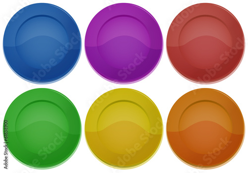 Six colorful round plates