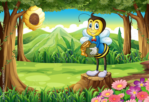 A bee standing above the stump holding a pot
