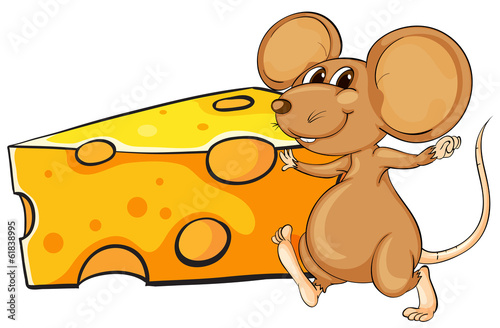 A brown mouse beside the big slice of cheese