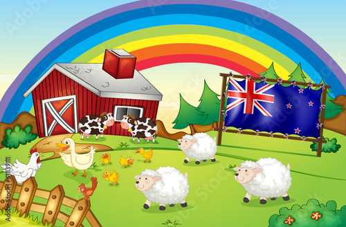 A farm with a rainbow and a framed flag of New Zealand