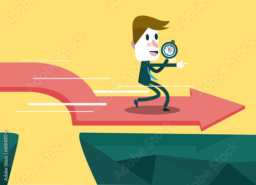 Businessman ridding on arrow direction and going to the goal.