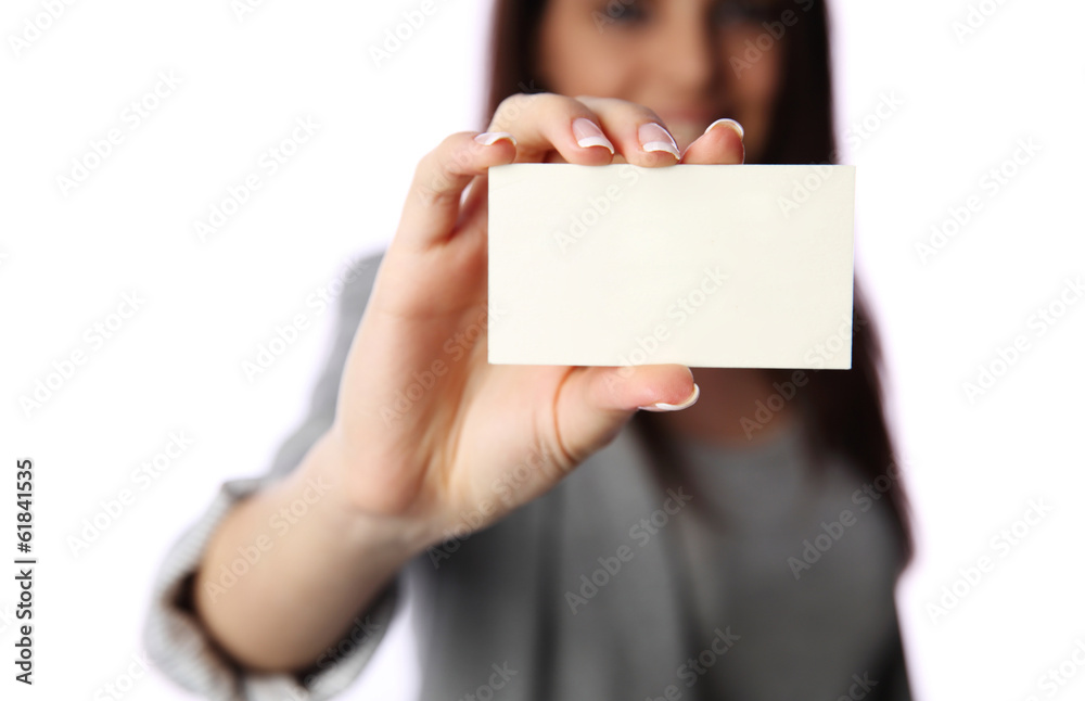 Young businesswoman holding blank business card Young businesswoman holding blank business card
