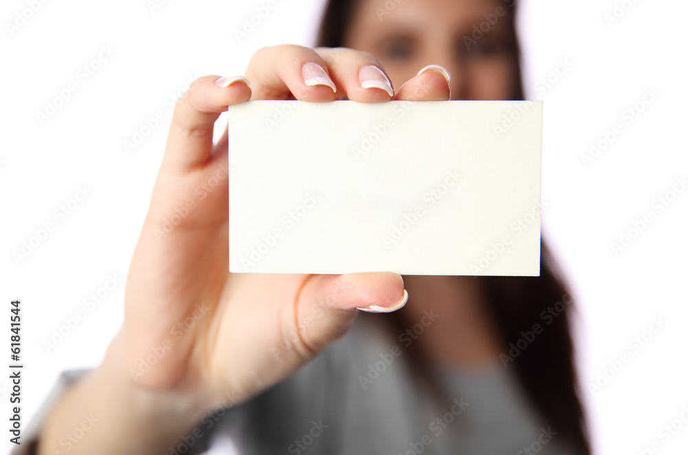 businesswoman holding blank business card businesswoman holding blank business card