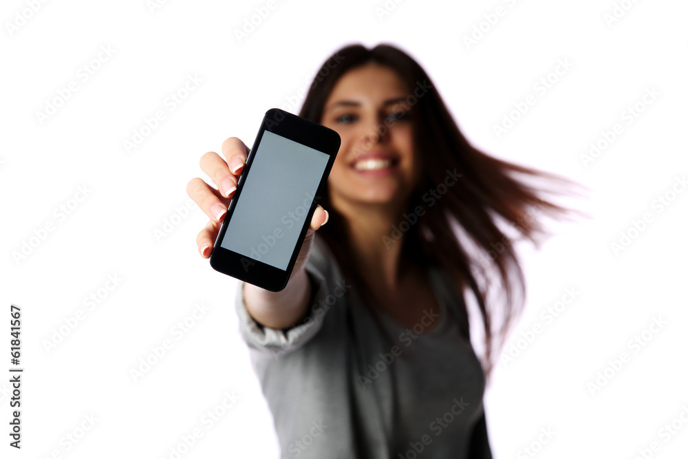 Woman showing smartphone screen isolated on white background