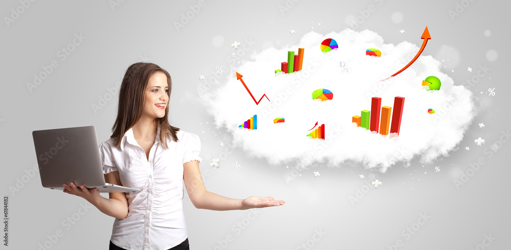 Young woman presenting cloud with graphs and charts Young woman presenting cloud with graphs and charts