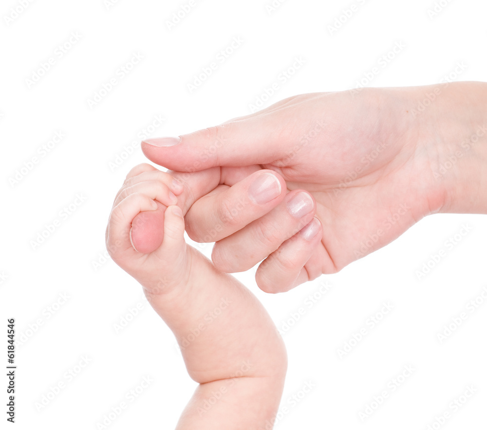 hands of mother and newborn baby. isolated on white background hands of mother and newborn baby. isolated on white background