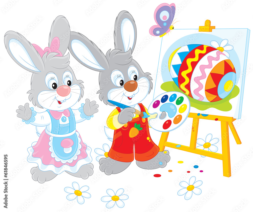 Little rabbits drawing a colorful Easter egg Little rabbits drawing a colorful Easter egg