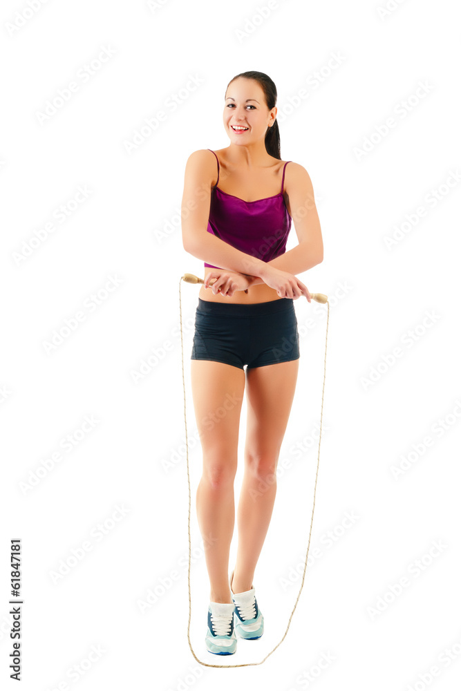 one caucasian woman jogger jumping rope one caucasian woman jogger jumping rope