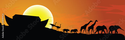 Noah's ark and sunset in background, vector