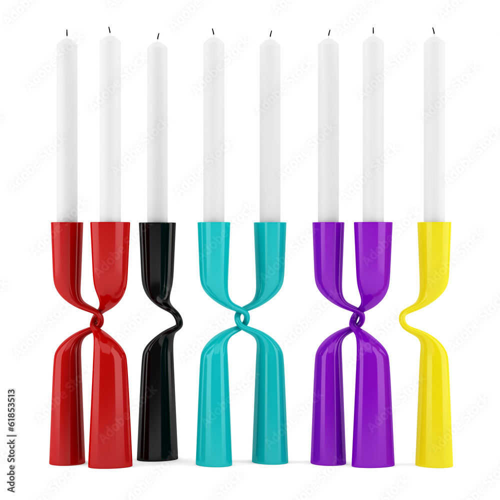 modern multicolored candlesticks with candles isolated on white modern multicolored candlesticks with candles isolated on white