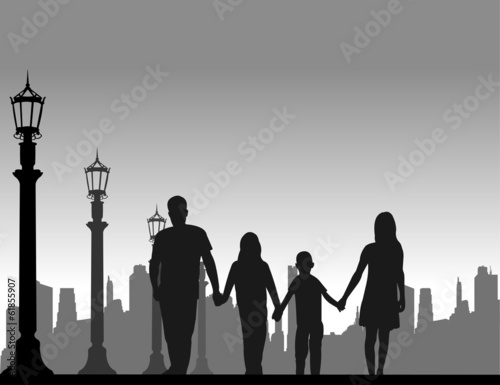 Family walking on the street silhouette