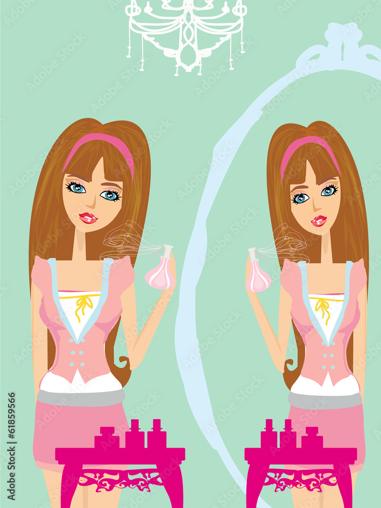 young woman spraying perfume on herself and browsing in the mirr young woman spraying perfume on herself and browsing in the mirr