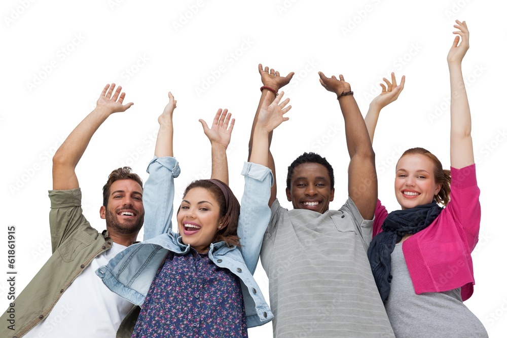 Portrait of four young friends raising hands Portrait of four young friends raising hands