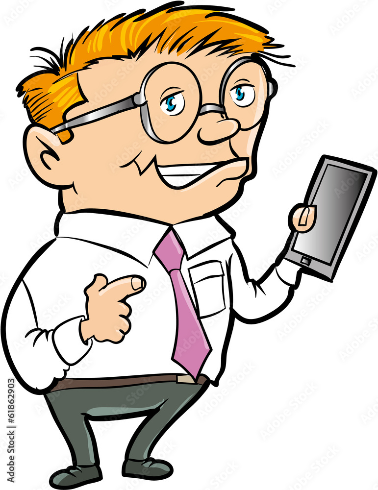 Cartoon nerd with hand held computer