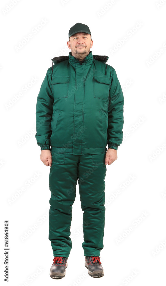 Worker in winter vest and pants. Worker in winter vest and pants.