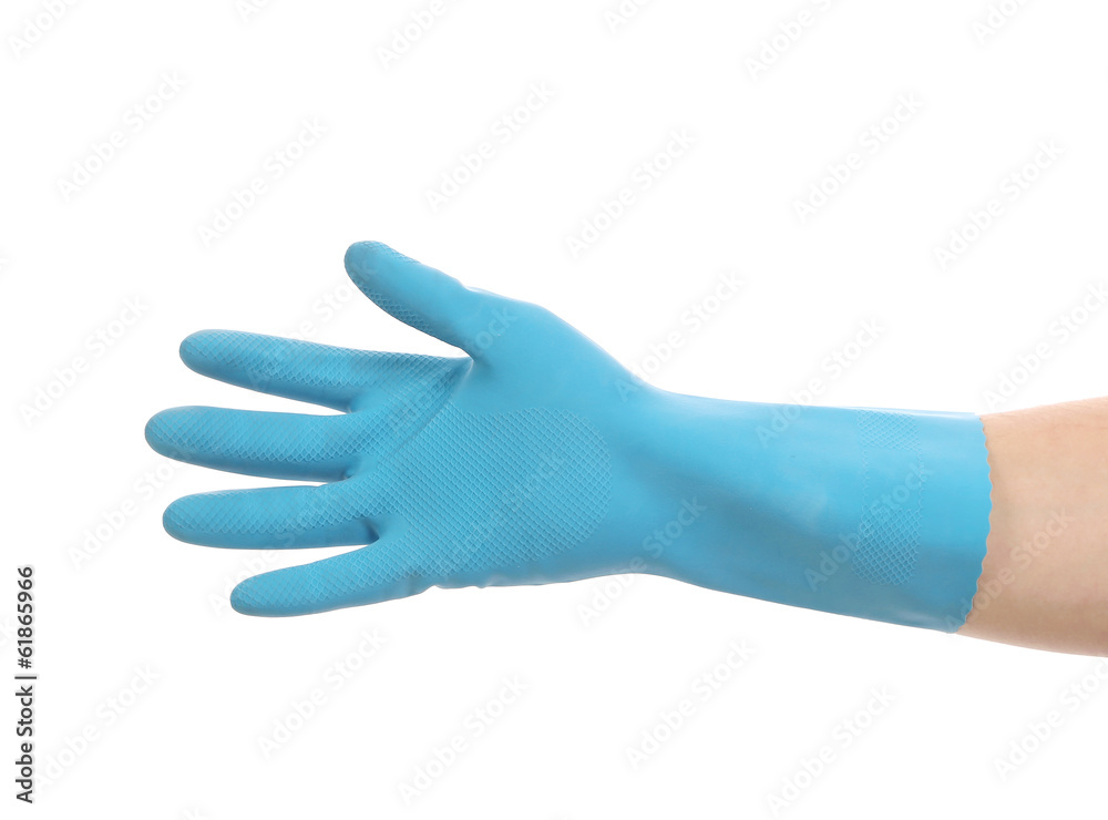Blue glove on hand shows five.