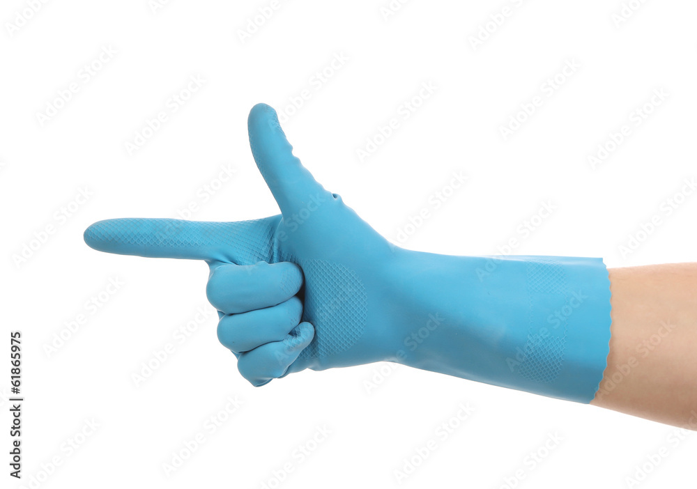 Hand in work glove like a gun.
