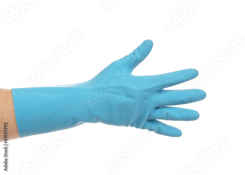 Fototapeta Naklejka Na Ścianę i Meble -  Blue glove on hand shows five.