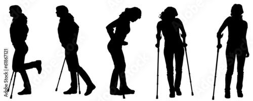 Vector silhouettes of people with crutches.
