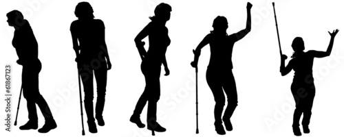 Vector silhouettes of people with crutches.