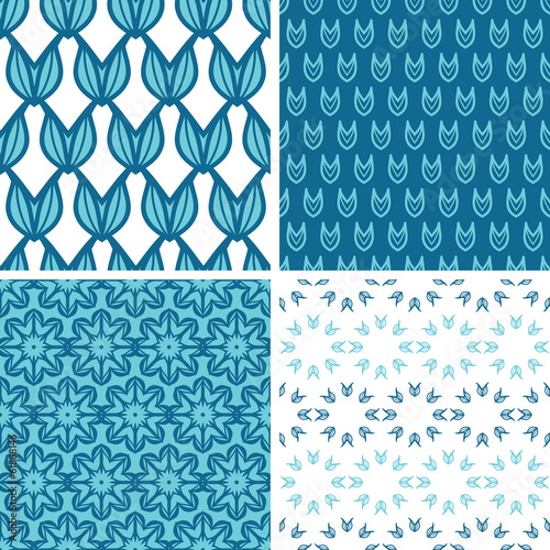 vector four abstractblue tulip shapes seamless patterns set in