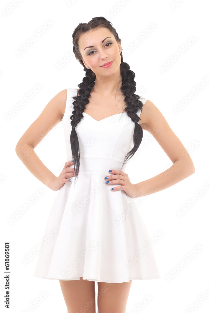 Beautiful fashionable woman in a white dress
