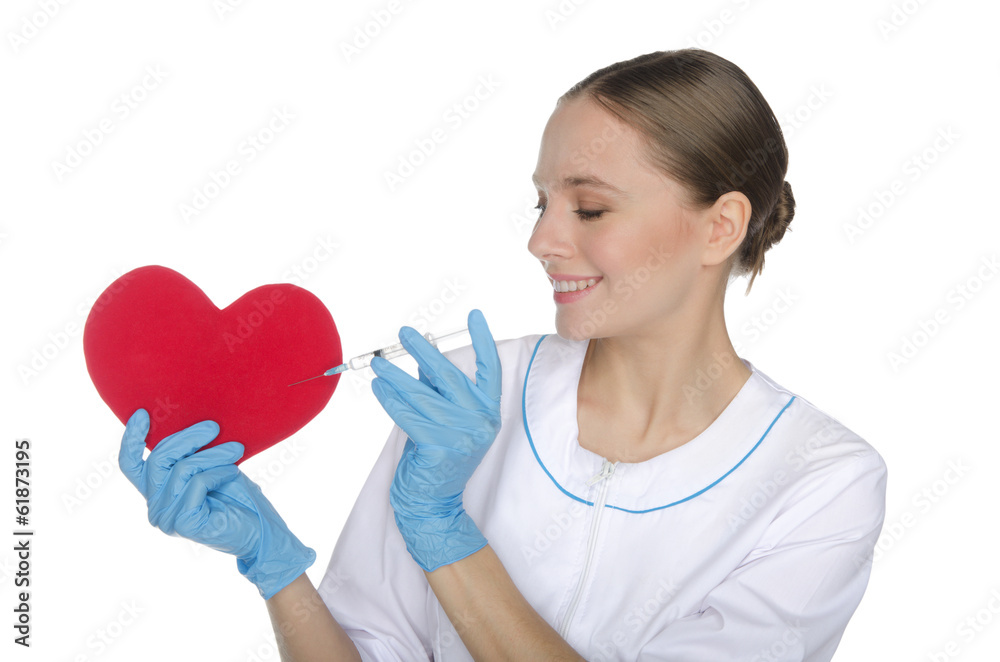 Female doctor with a syringe pricks heart symbol Female doctor with a syringe pricks heart symbol