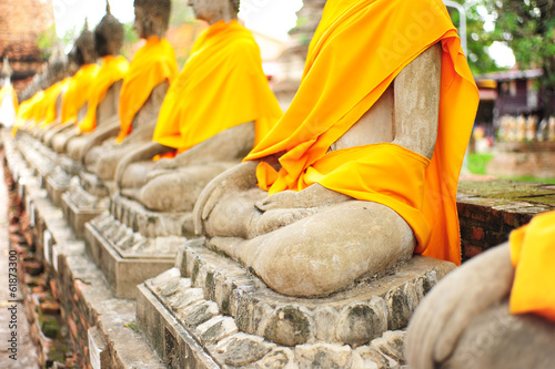 Row of Stone Buddha Statue in Ayutthaya Province, Thailand