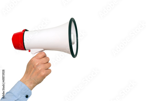 Megaphone with female hand on white background