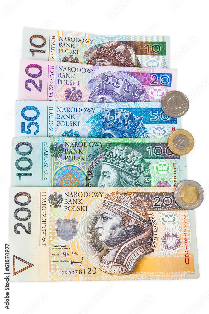 Set of polish banknotes and coins