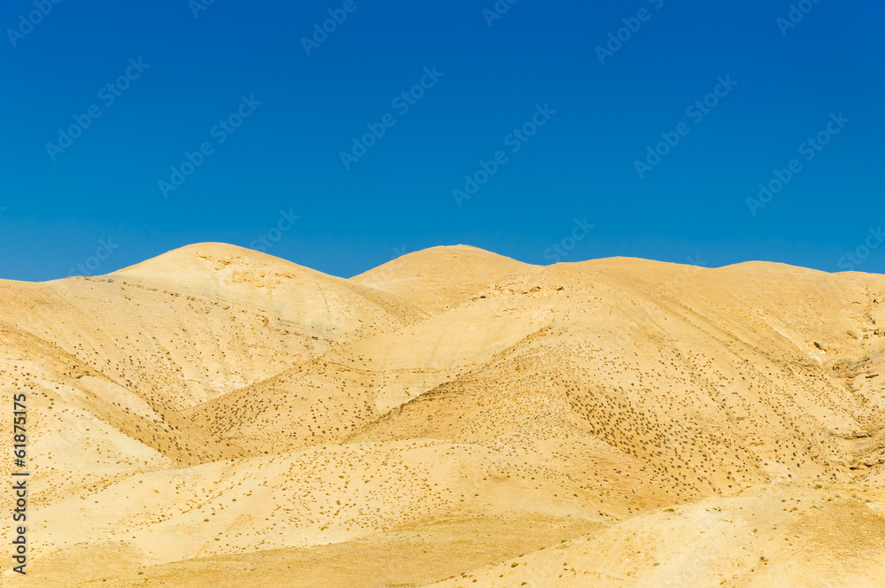 Gold sand dunes in desert with blue sky
