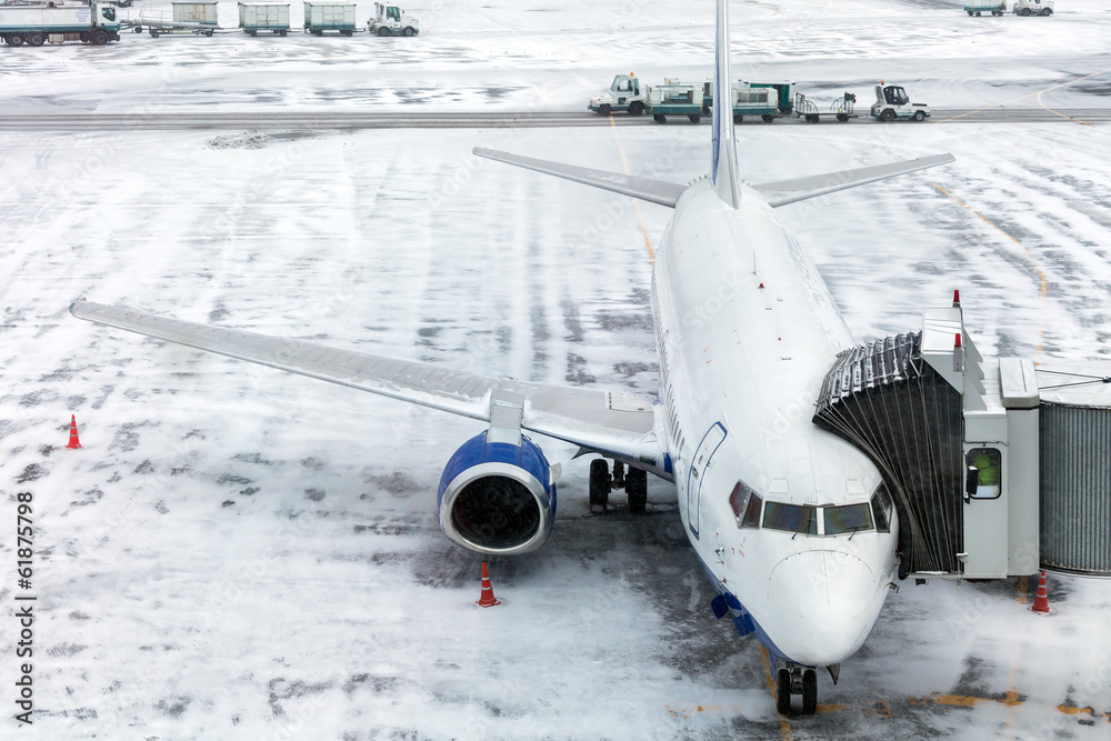 Fototapeta premium Passenger Airplane on airfield winter