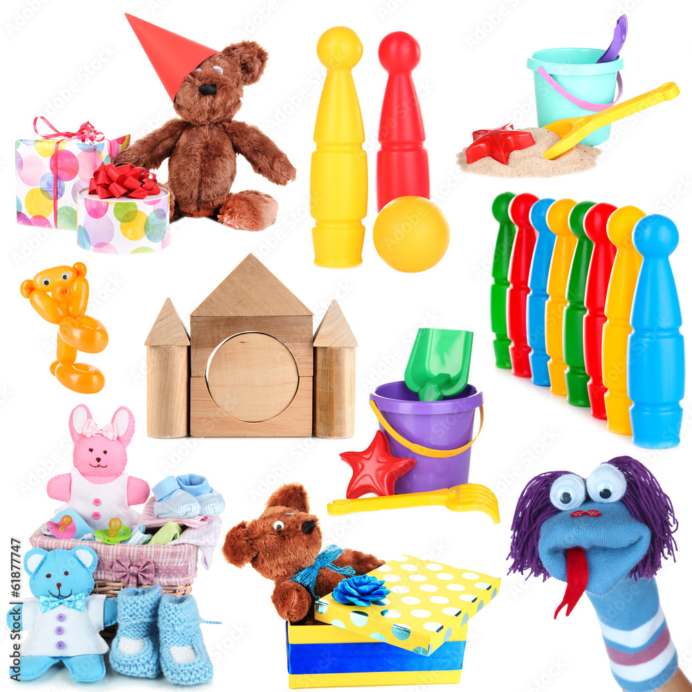 Collage of children toys isolated on white Stock Photo | Adobe Stock