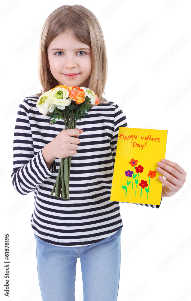 Beautiful little girl holding bouquet and card isolated on Beautiful little girl holding bouquet and card isolated on
