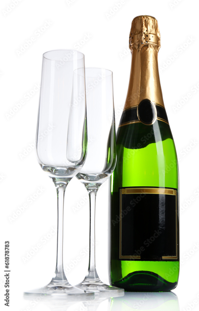 Bottle of champagne and empty glasses, isolated on white