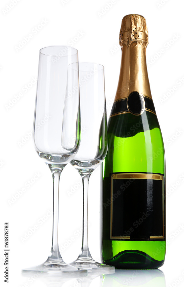 Bottle of champagne and empty glasses, isolated on white Bottle of champagne and empty glasses, isolated on white