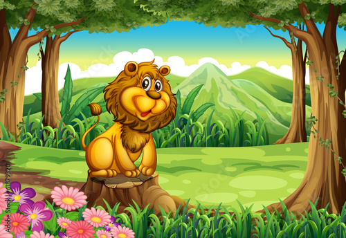A lion above the stump of a tree