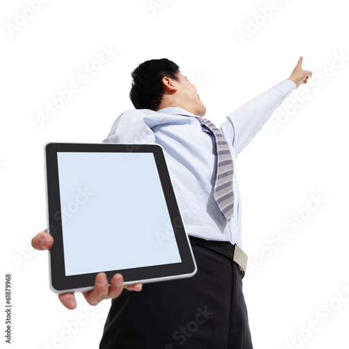 Business man pointing copy space with touch pad