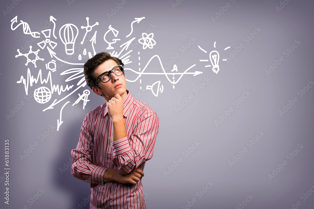 young man scientist with glasses thinking young man scientist with glasses thinking