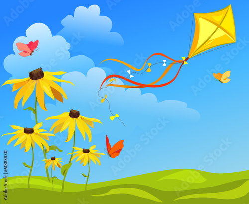 kite, flowers on bright background