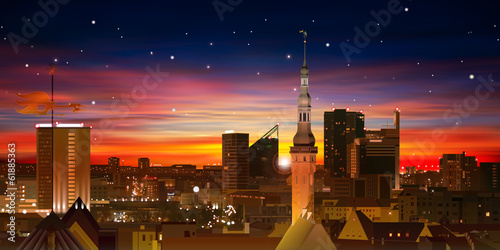 abstract background with red sunset and silhouette of Tallinn
