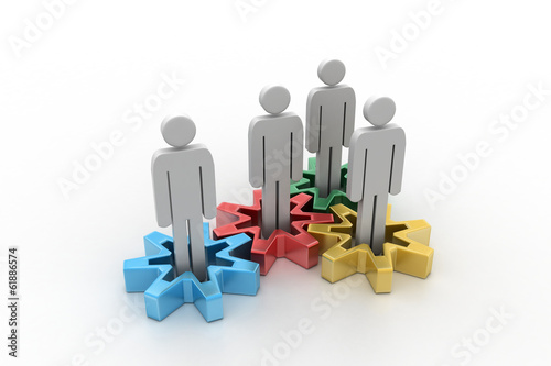 Group of stylized people stand on gears