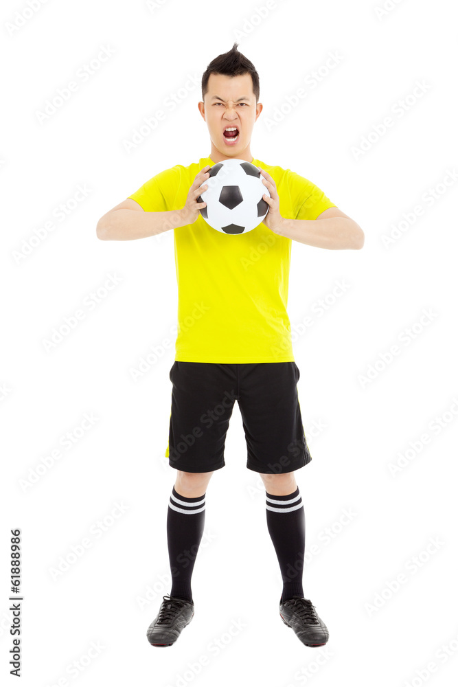 soccer player exclaimed and holding a soccer