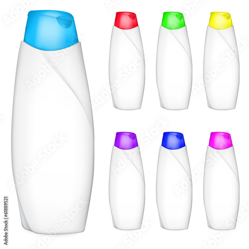 Set of white plastic shampoo bottles