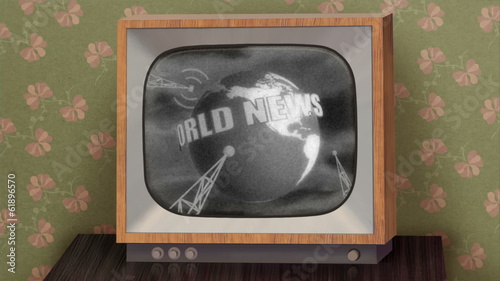 Retro b&w TV showing news, green background & TV test