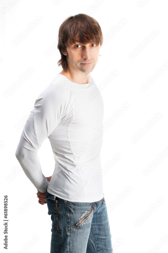 Cute guy in white t-shirt isolated on white background