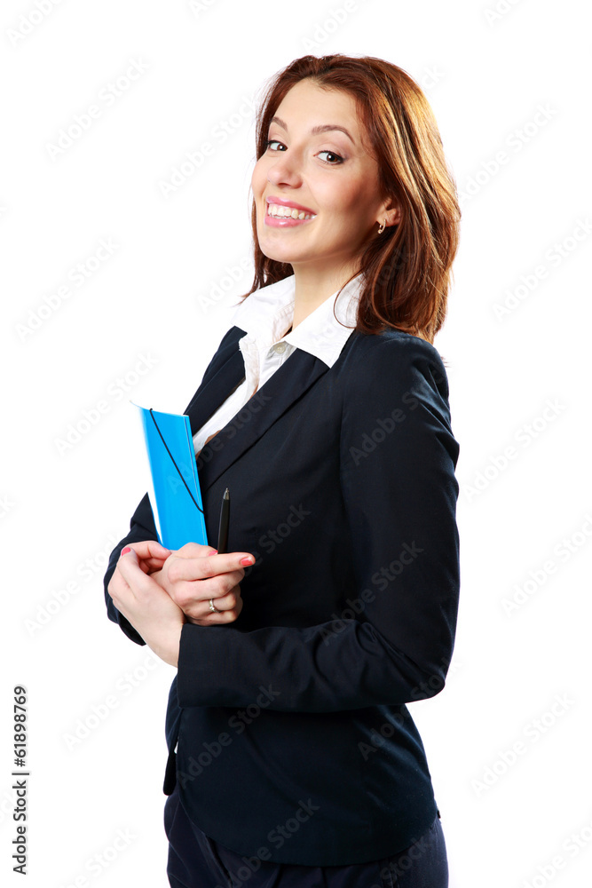 Smiling businesswoman holding notebook and pen Smiling businesswoman holding notebook and pen