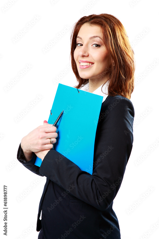 Smiling businesswoman holding notebook and pen Smiling businesswoman holding notebook and pen