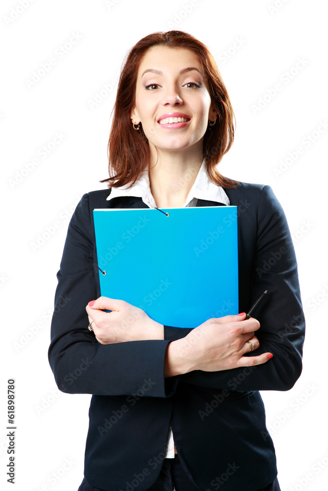 happy businesswoman holding notebook with pen happy businesswoman holding notebook with pen