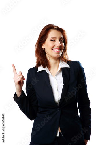 Smiling businesswoman with thumb up isolated on white background